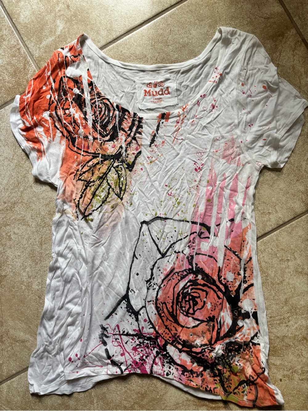 Mudd Women’s White Floral Graphic Tee - Pink & Orange